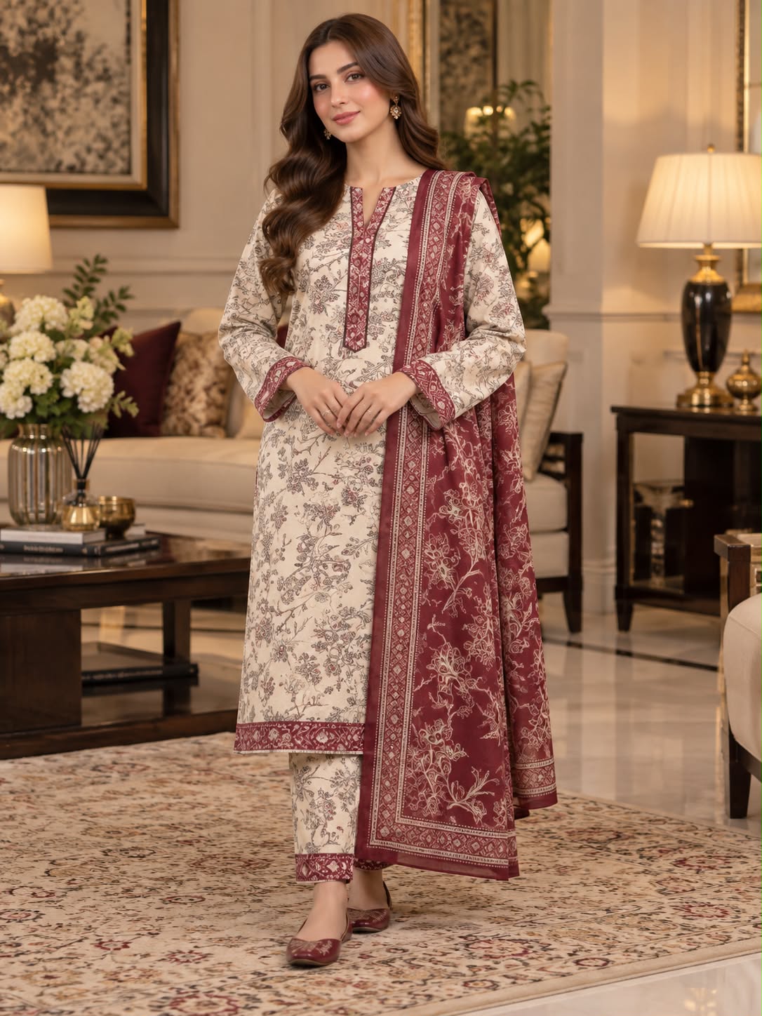 Elegance Printed Winter Khaddar 3-Piece Suit with Floral Dupatta