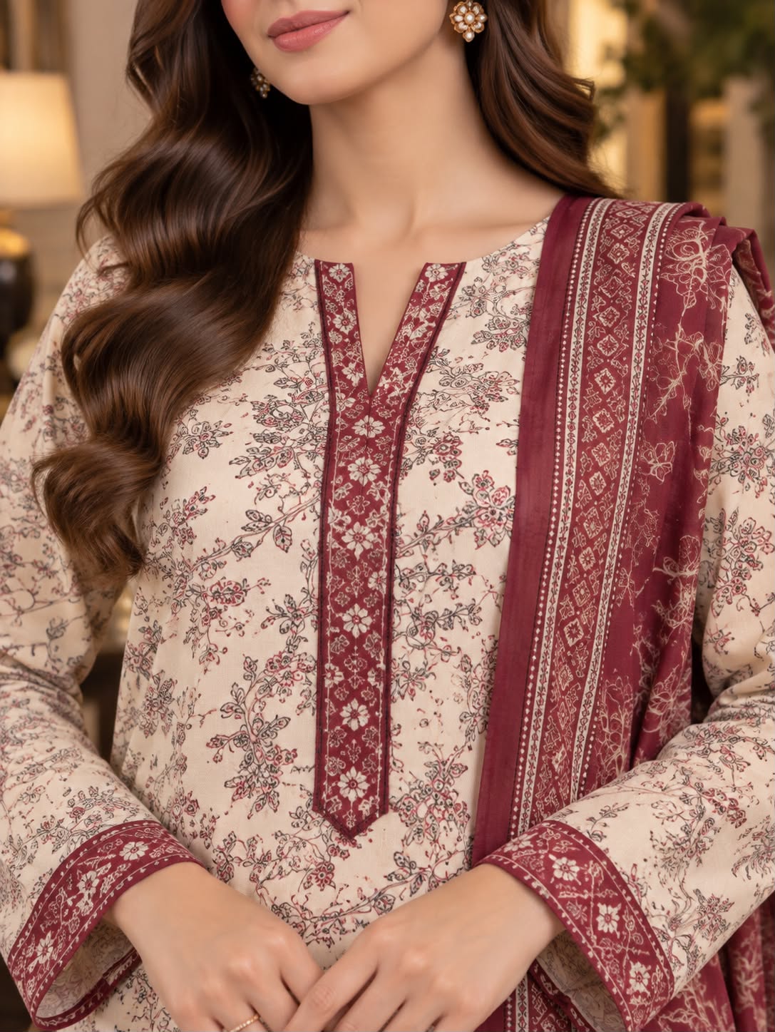 Elegance Printed Winter Khaddar 3-Piece Suit with Floral Dupatta
