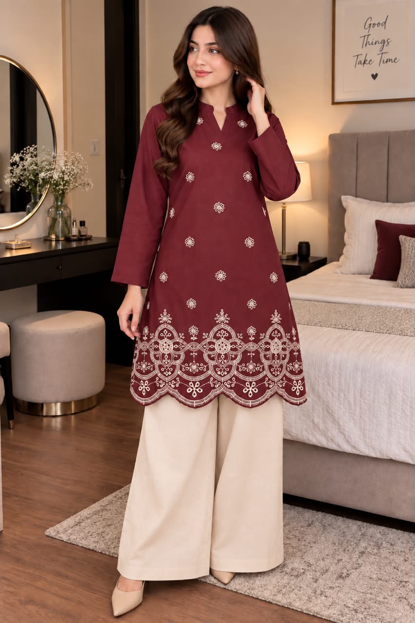Scalloped Embroidered Winter Cotton 2-Piece Co-Ord Set