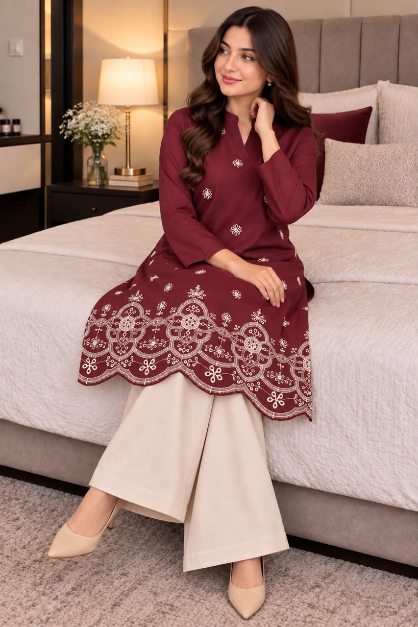 Scalloped Embroidered Winter Cotton 2-Piece Co-Ord Set