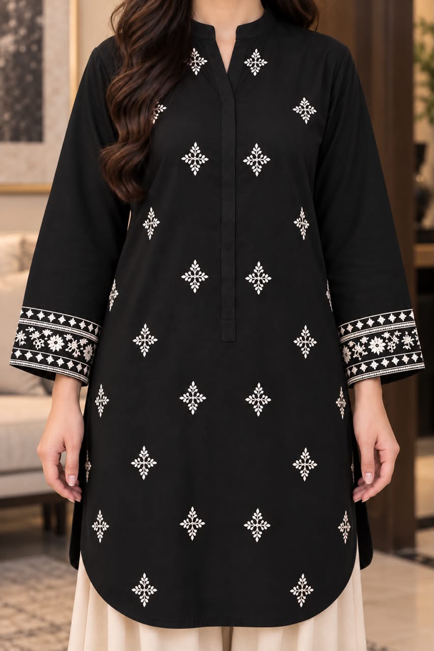 Curved Hem Embroidered Winter Cotton 2-Piece Co-Ord Set